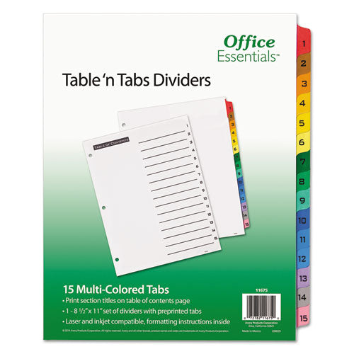 Image of Office Essentials Table 'n Tabs Dividers, 15-Tab, 1 to 15, 11 x 8.5, White, Assorted Tabs, 1 Set