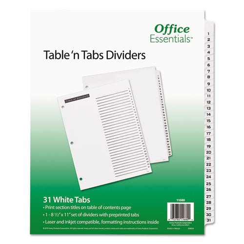 Image of Office Essentials Table 'n Tabs Dividers, 31-Tab, 1 to 31, 11 x 8.5, White, White Tabs, 1 Set