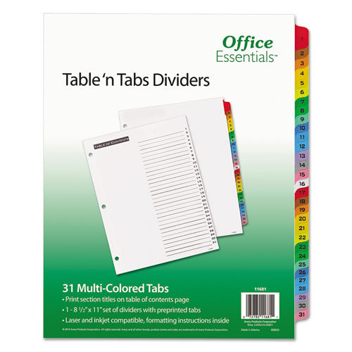 Image of Office Essentials Table 'n Tabs Dividers, 31-Tab, 1 to 31, 11 x 8.5, White, Assorted Tabs, 1 Set