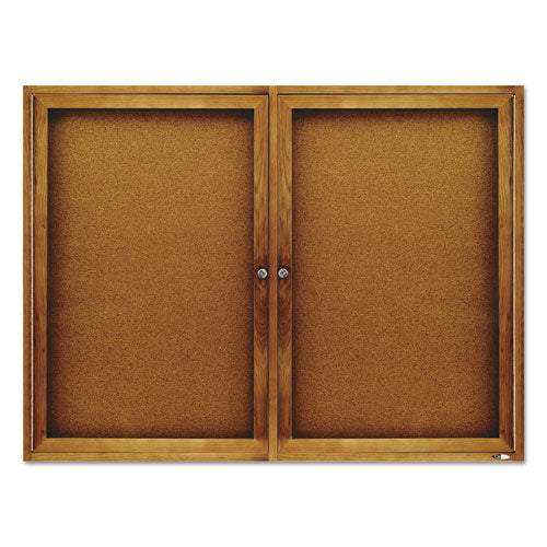 Image of Quartet® Enclosed Indoor Cork Bulletin Board with Two Hinged Doors, 48" x 36", Tan Surface, Oak Finished Fiberboard (MDF) Frame
