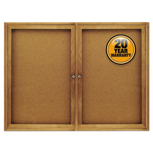 Image of Quartet® Enclosed Indoor Cork Bulletin Board with Two Hinged Doors, 48" x 36", Tan Surface, Oak Finished Fiberboard (MDF) Frame