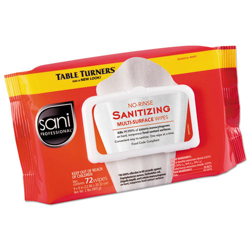 Image of Sani Professional® No-Rinse Sanitizing Multi-Surface Wipes, 1-Ply, 8 x 9, Unscented, White, 72 Wipes/Pack, 12 Packs/Carton