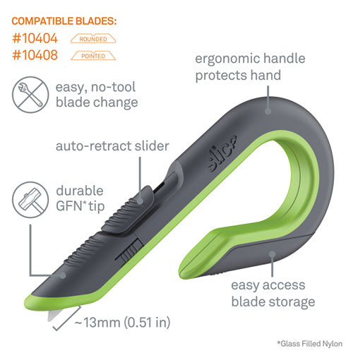 Image of slice® Box Cutters, Double Sided, Replaceable, 1.29" Stainless Steel Blade, 7" Nylon Handle, Gray/Green