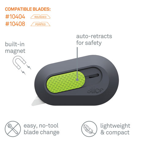 Image of slice® Mini Cutters, Replaceable Double-Sided 1.29" Ceramic Zirconium Oxide Blade, 2.5" Nylon Handle, Gray/Green