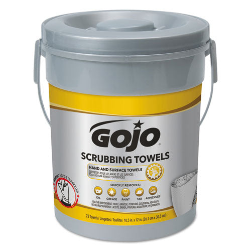 Image of GOJO® Scrubbing Towels, Hand Cleaning, 2-Ply, 10.5 x 12, Silver/Yellow, 72/Bucket, 6/Carton