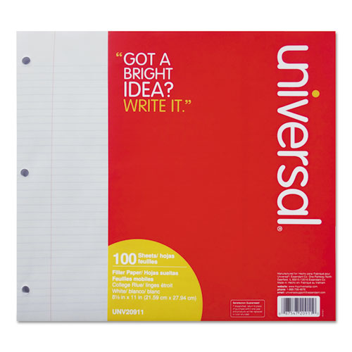 Image of Universal® Filler Paper, 3-Hole, 8.5 X 11, Medium/college Rule, 100/pack