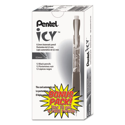 Image of Pentel® Icy Mechanical Pencil Value Pack, 0.5 mm, HB (#2), Black Lead, Translucent Ice/Black Barrel, 24/Pack