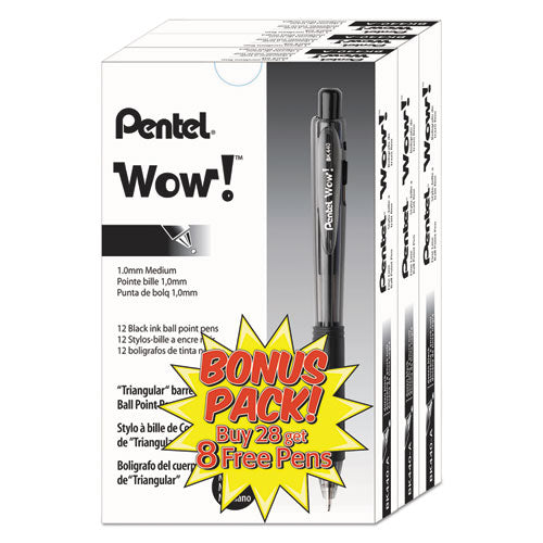 Image of Pentel® WOW! Ballpoint Pen Value Pack, Retractable, Medium 1 mm, Black Ink, Smoke/Black Barrel, 36/Pack