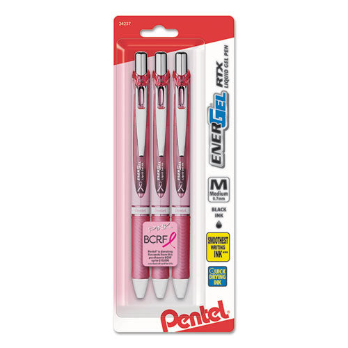 Image of Pentel® EnerGel RTX Breast Cancer Awareness Gel Pen, Retractable, Medium 0.7 mm, Black Ink, Pink/Silver Barrel, 3/Pack