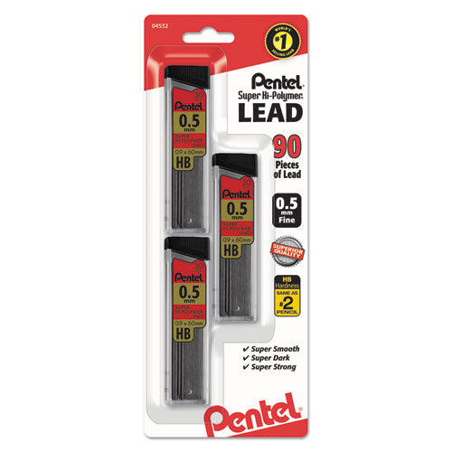 Image of Pentel® Super Hi-Polymer Lead Refills, 0.5 Mm, Hb, Black, 30/tube, 3 Tubes/pack