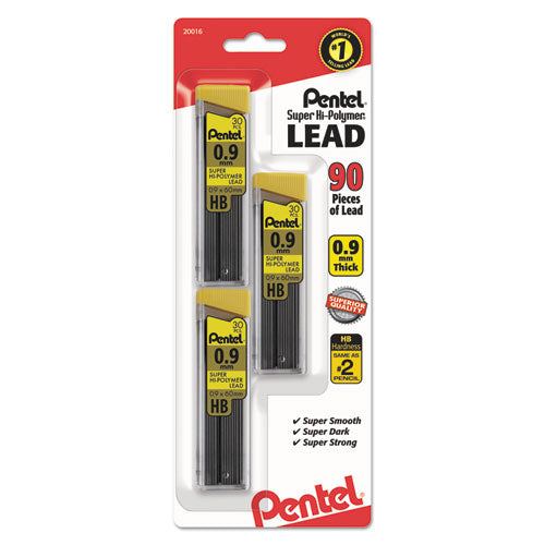 Image of Pentel® Super Hi-Polymer Lead Refills, 0.9 Mm, Hb, Black, 30/tube, 3 Tubes/pack