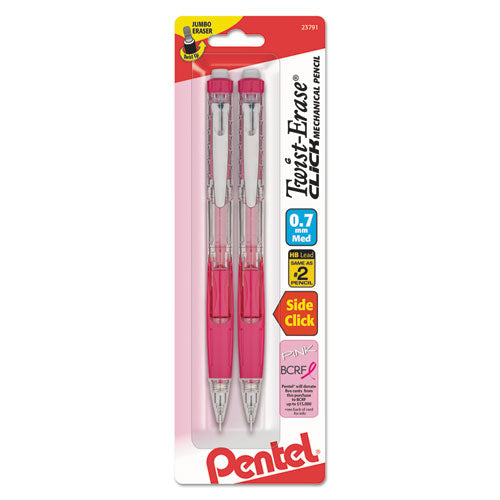 Image of Pentel® Twist-Erase CLICK Mechanical Pencil, Breast Cancer Awareness, 0.7 mm, HB (#2), Black Lead, Pink Barrel, 2/Pack