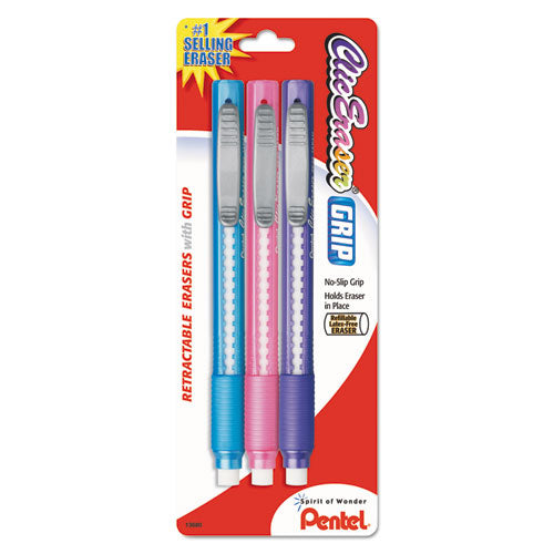 Image of Pentel® Clic Eraser Grip Eraser, For Pencil Marks, White Eraser, Randomly Assorted Barrel Colors (three-Colors), 3/pack