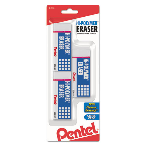 Image of Pentel® Hi-Polymer Eraser, For Pencil Marks, Rectangular Block, Medium, White, 3/pack