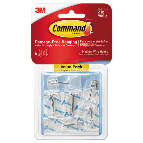 Image of Command Clear Hooks and Strips, Medium, Plastic, 2 lb Capacity, 6 Hooks and 8 Strips/Pack