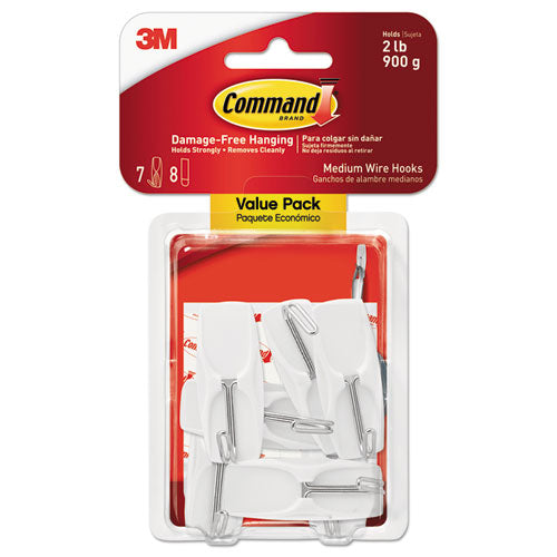 Image of Command General Purpose Wire Hooks, Medium, Metal, White, 2 lb Capacity, 7 Hooks and 8 Strips/Pack