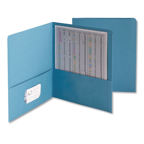 Image of Smead Two-Pocket Folder, Embossed Leather Grain Paper, 100-Sheet Capacity, 11 X 8.5, Blue, 25/box