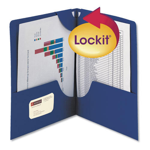 Image of Smead Lockit Two-Pocket Folder, Textured Paper, 100-Sheet Capacity, 11 X 8.5, Dark Blue, 25/box