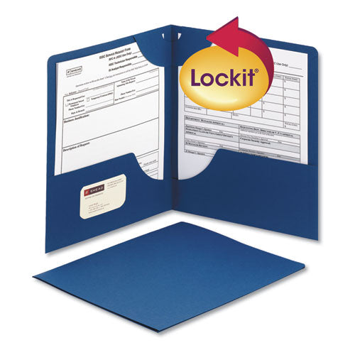 Image of Smead Lockit Two-Pocket Folder, Textured Paper, 100-Sheet Capacity, 11 X 8.5, Dark Blue, 25/box