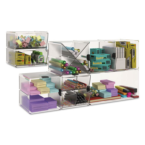Image of deflecto® Stackable Cube Organizer, 2 Compartments, 2 Drawers, Plastic, 6 x 7.2 x 6, Clear