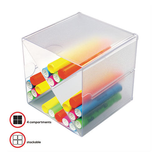 Image of deflecto® Stackable Cube Organizer, X Divider, 4 Compartments, Plastic, 6 x 7.2 x 6, Clear