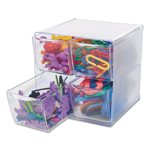 Image of deflecto® Stackable Cube Organizer, 4 Compartments, 4 Drawers, Plastic, 6 x 7.2 x 6, Clear