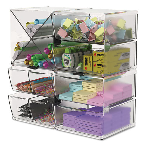 Image of deflecto® Stackable Cube Organizer, 4 Compartments, 4 Drawers, Plastic, 6 x 7.2 x 6, Clear