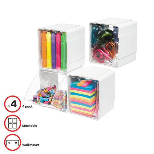 Image of deflecto® Tilt Bin Interlocking 4-Bin Organizer, Plastic, 4.63 x 4.88 x 5.5, White/Clear