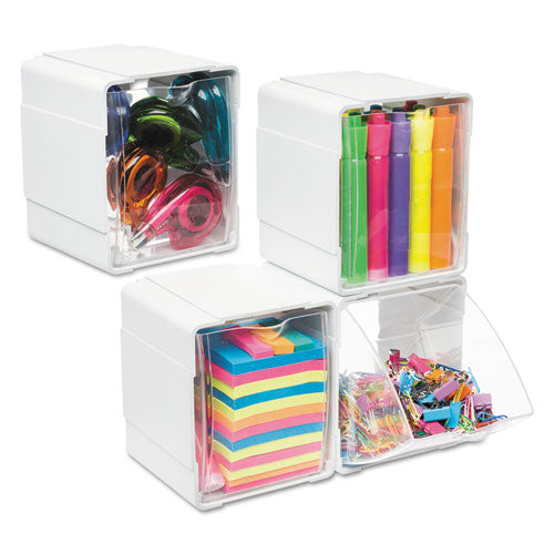 Image of deflecto® Tilt Bin Interlocking 4-Bin Organizer, Plastic, 4.63 x 4.88 x 5.5, White/Clear
