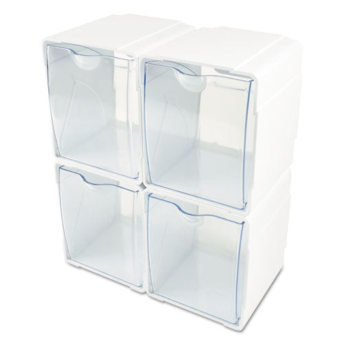 Image of deflecto® Tilt Bin Interlocking 4-Bin Organizer, Plastic, 4.63 x 4.88 x 5.5, White/Clear