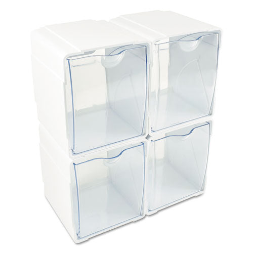Image of deflecto® Tilt Bin Interlocking 4-Bin Organizer, Plastic, 4.63 x 4.88 x 5.5, White/Clear