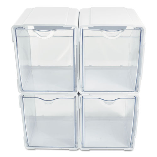 Image of deflecto® Tilt Bin Interlocking 4-Bin Organizer, Plastic, 4.63 x 4.88 x 5.5, White/Clear