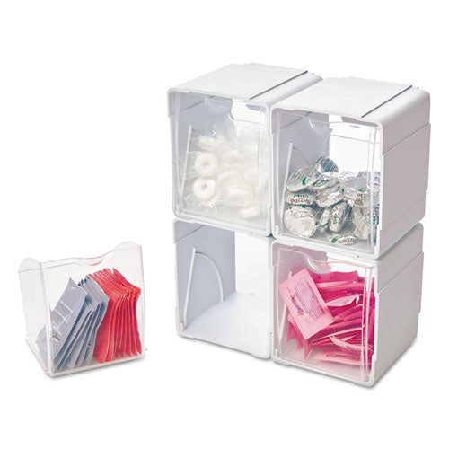 Image of deflecto® Tilt Bin Interlocking 4-Bin Organizer, Plastic, 4.63 x 4.88 x 5.5, White/Clear