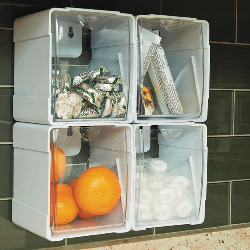 Image of deflecto® Tilt Bin Interlocking 4-Bin Organizer, Plastic, 4.63 x 4.88 x 5.5, White/Clear
