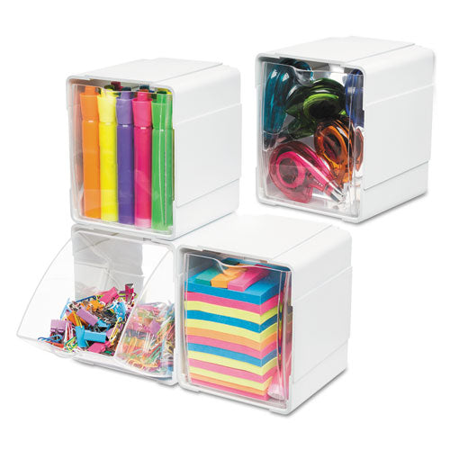 Image of deflecto® Tilt Bin Interlocking 4-Bin Organizer, Plastic, 4.63 x 4.88 x 5.5, White/Clear