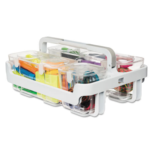 Image of deflecto® Stackable Caddy Organizer with S, M and L Containers, Plastic, 10.5 x 14 x 6.5, White Caddy/Clear Containers