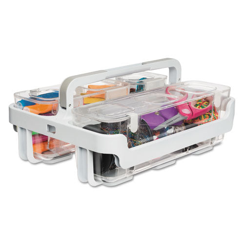 Image of deflecto® Stackable Caddy Organizer with S, M and L Containers, Plastic, 10.5 x 14 x 6.5, White Caddy/Clear Containers