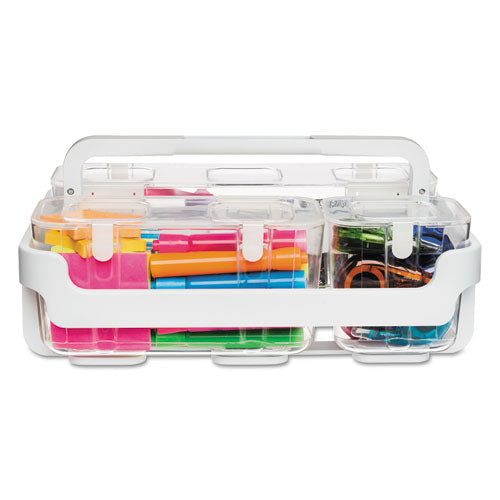 Image of deflecto® Stackable Caddy Organizer with S, M and L Containers, Plastic, 10.5 x 14 x 6.5, White Caddy/Clear Containers
