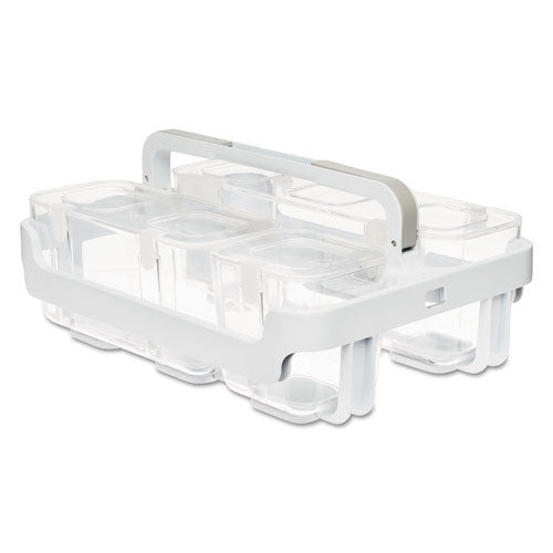 Image of deflecto® Stackable Caddy Organizer with S, M and L Containers, Plastic, 10.5 x 14 x 6.5, White Caddy/Clear Containers