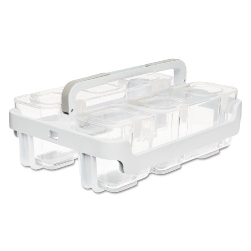 Image of deflecto® Stackable Caddy Organizer with S, M and L Containers, Plastic, 10.5 x 14 x 6.5, White Caddy/Clear Containers
