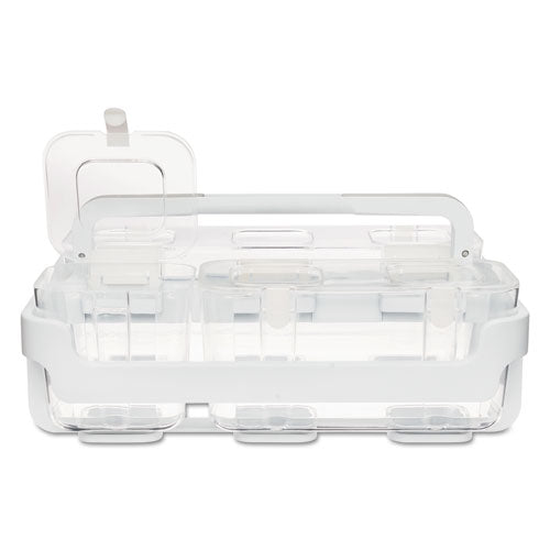 Image of deflecto® Stackable Caddy Organizer with S, M and L Containers, Plastic, 10.5 x 14 x 6.5, White Caddy/Clear Containers