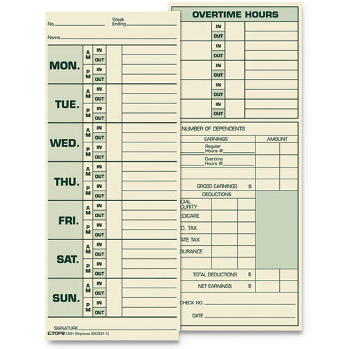 Image of TOPS Time Clock Cards, Replacement For 331-10, Two Sides, 3.5 X 8.5, 500/box