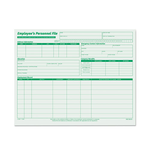 Image of TOPS Employee's Record File Folder, Straight Tabs, Letter Size, Index Stock, Green, 20/Pack
