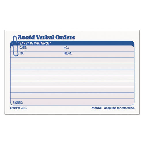Image of TOPS Avoid Verbal Orders Manifold Book, Two-Part Carbonless, 6.25 x 4.25, 50 Forms Total