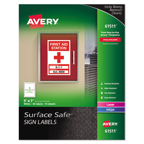 Image of Avery® Surface Safe Removable Label Safety Signs, Inkjet/laser Printers, 5 X 7, White, 2/sheet, 15 Sheets/pack