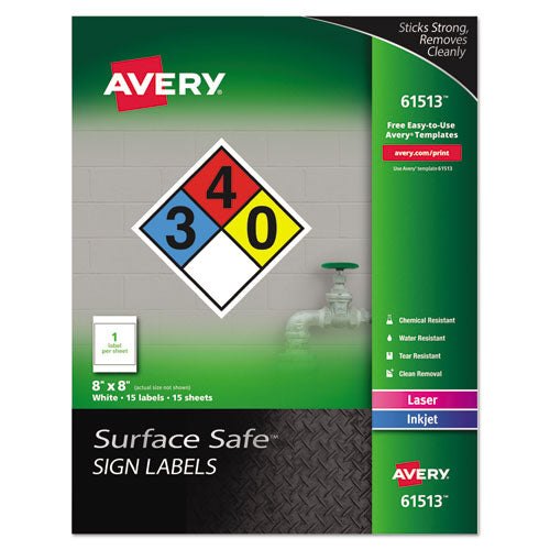 Image of Avery® Surface Safe Removable Label Safety Signs, Inkjet/laser Printers, 8 X 8, White, 15/pack
