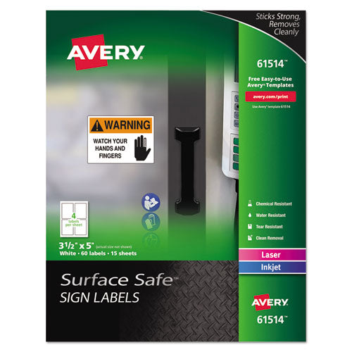 Image of Avery® Surface Safe Removable Label Safety Signs, Inkjet/laser Printers, 3.5 X 5, White, 4/sheet, 15 Sheets/pack