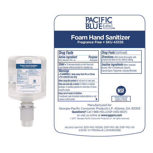 Image of Georgia Pacific® Professional Pacific Blue Ultra Foam Hand Sanitizer Refill For Manual Dispensers, 1,000 Ml, Fragrance-Free, 4/carton