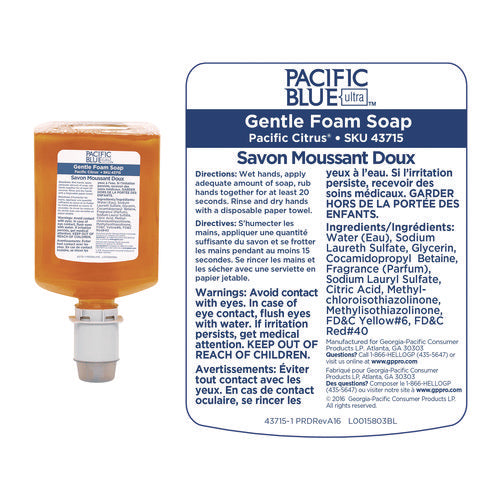 Image of Georgia Pacific® Professional Pacific Blue Ultra Foam Soap Manual Dispenser Refill, Pacific Citrus Scent, 1,200 mL, 4/Carton