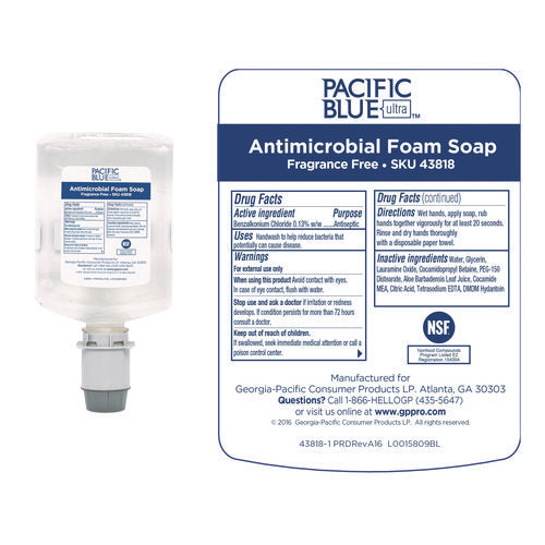 Image of Georgia Pacific® Professional Pacific Blue Ultra Foam Soap Manual Dispenser Refill, Antimicrobial, Unscented, 1,200 mL, 4/Carton
